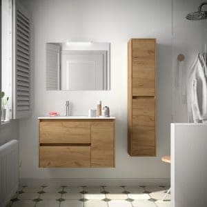 Conjunto mueble de baño 2 cajones y 1 puerta derecha Lavabo Espejo Aplique 90 cm- Noja - Salgar